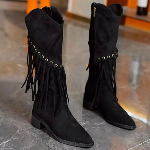 Fringed Point Toe Block : Heel Boots
