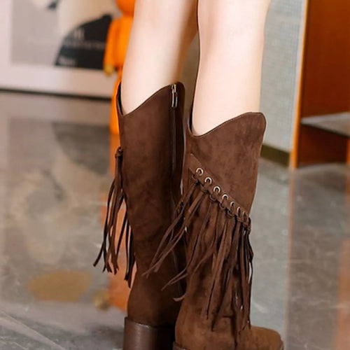 Fringed Point Toe Block : Heel Boots