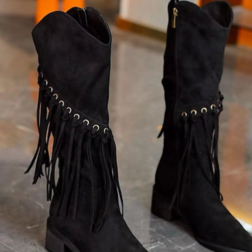 Fringed Point Toe Block : Heel Boots