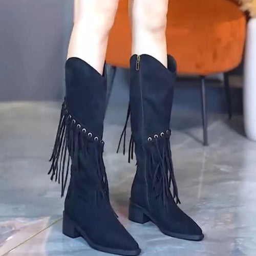 Fringed Point Toe Block : Heel Boots