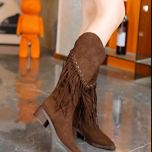 Fringed Point Toe Block : Heel Boots