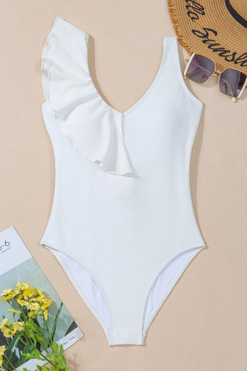 Ruffled V-Neck Wide Strap : One-Piece Swimwear